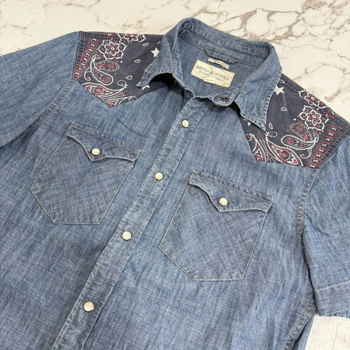 希少/ポロラルフローレン RALPH LAURENデニム&サプライ 半袖 ペイズリー柄 ワイドカラー ウエスタンシャツ ブルー系 インディゴ拍卖