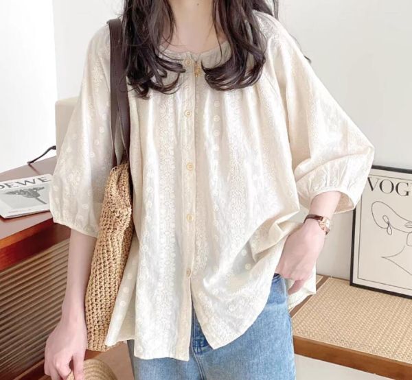 新入荷*ナチュラル 刺繍り ブラウス レディース チュニック ブラウス シャツ 七分袖 森ガール 着心地 ゆったり 大きいサイズ トップス*拍卖