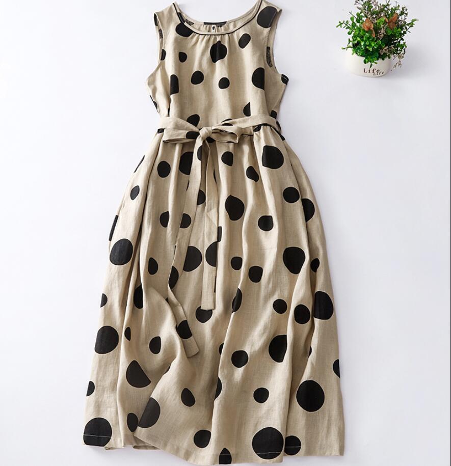 夏新品*ロングワンピース Aラインワンピース カジュアル ゆったり ノースリーブ 可愛い 大人 水玉柄 綿麻 着痩せ マキシワンピース*L拍卖