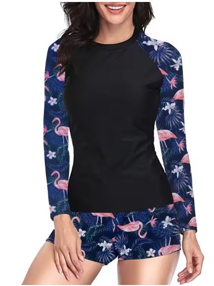 【S~XL】女性用ショーツ付ツーピース水着,ヴィンテージプリントラッシュガード,レトロプリント,サーフウェア,長袖※NO4 Flamingo拍卖