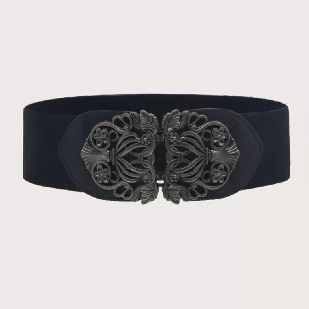 新作入荷☆レディース メタルバックル ワイドベルト ブラック拍卖