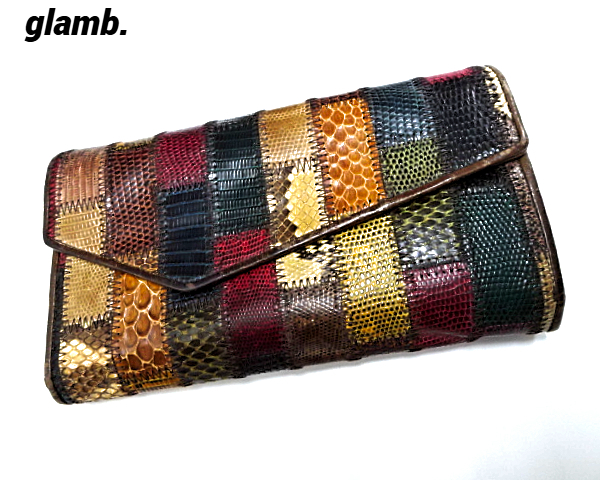 【glamb Gaudy long wallet グラム ガウディ ロング ウオレット 財布 カラフル レザー パッチワーク 爬虫類革】拍卖