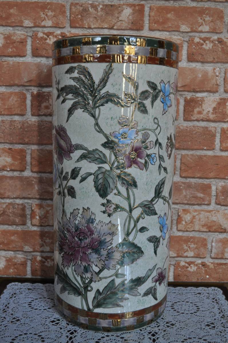 骨董・24金仕上げ・オシャレなボタニカル柄傘立て・陶磁器傘立て Umbrella Stand オーナメント 置物 オブジェ・拍卖