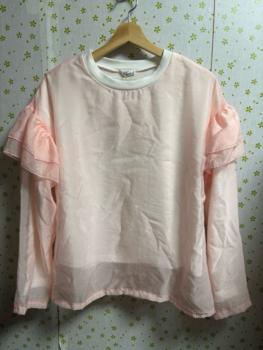 Lサイズ フリル付きピンク長袖レイヤードトップス拍卖