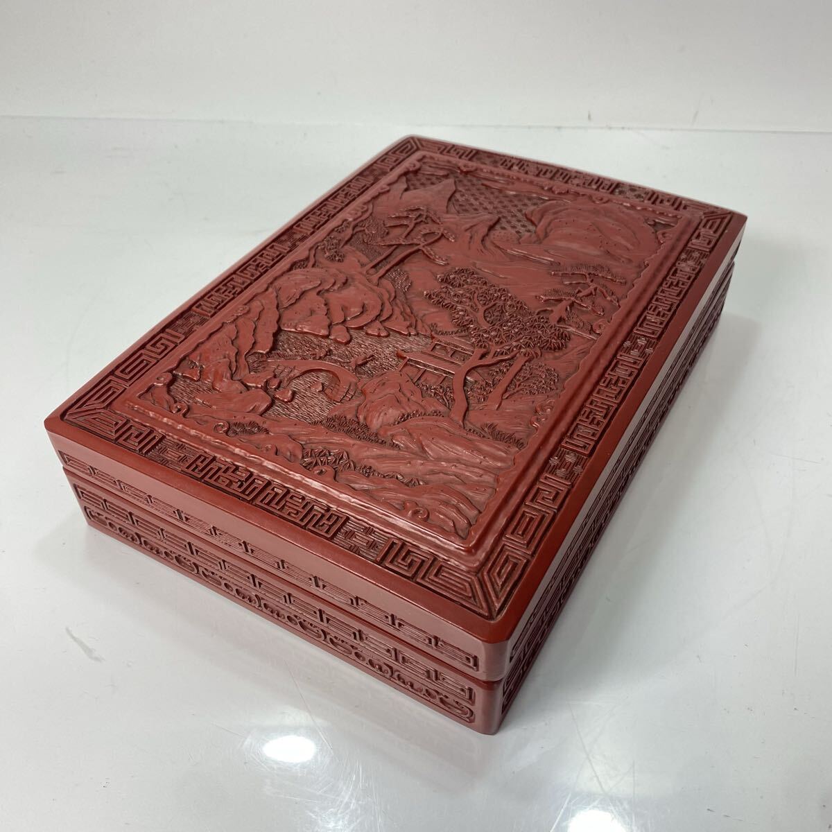 硯箱 堆朱 樹脂 楼閣山水図 書道具 文箱 小物入れ レトロ インテリア拍卖