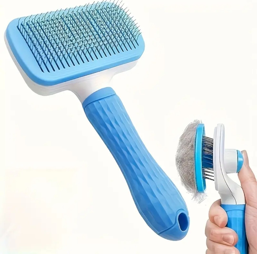 ☆ペット用ワンプッシュ毛除去ブラシ青☆拍卖