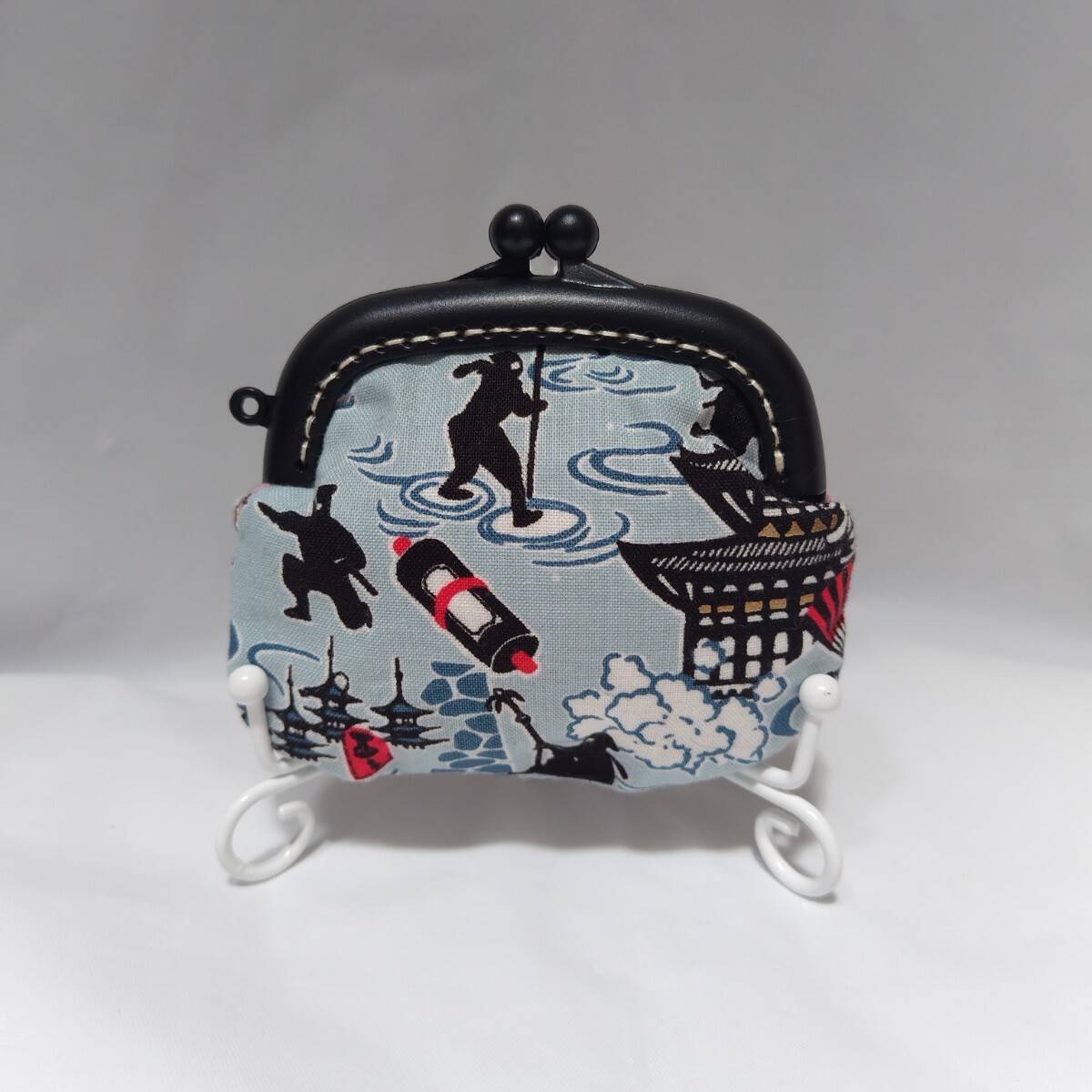 がま口ポーチ 小銭入れ 忍者柄 水色 ハンドメイド拍卖