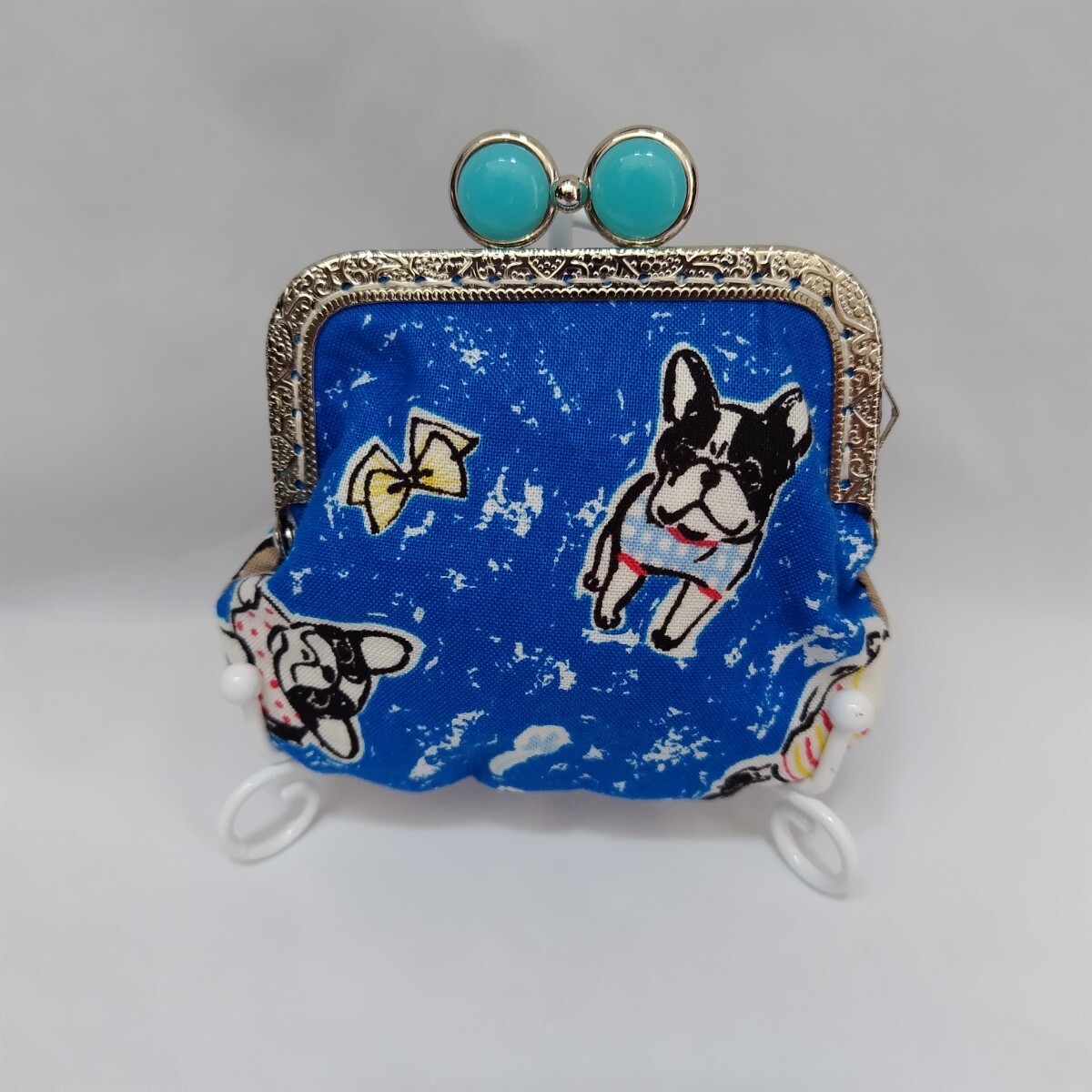 がま口ポーチ 小銭入れ フレンチブルドッグ 青 ハンドメイド拍卖