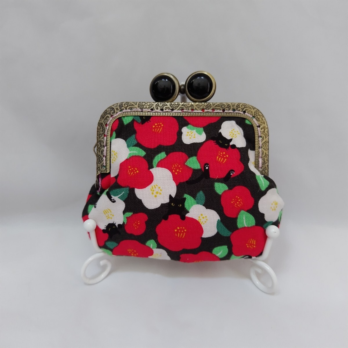 がま口ポーチ 小銭入れ 黒猫と椿 ハンドメイド拍卖