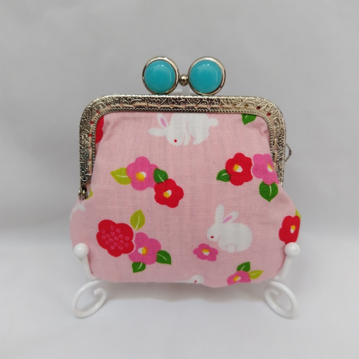 がま口ポーチ 小銭入れ うさぎと椿 ピンク ハンドメイド拍卖