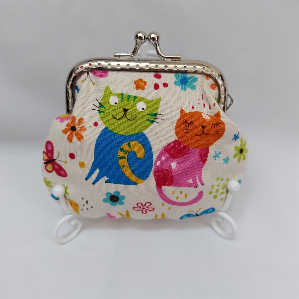 がま口ポーチ 小銭入れ 猫柄 生成り ハンドメイド拍卖