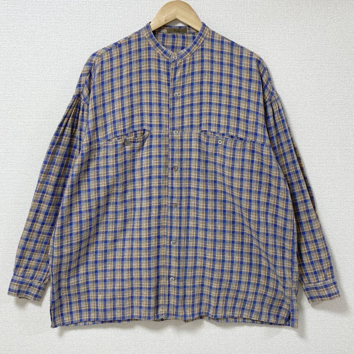 80s 90s Y's for men バンドカラー チェック 長袖 シャツ オーバーサイズ ワイズフォーメン VINTAGE archive 4110034拍卖