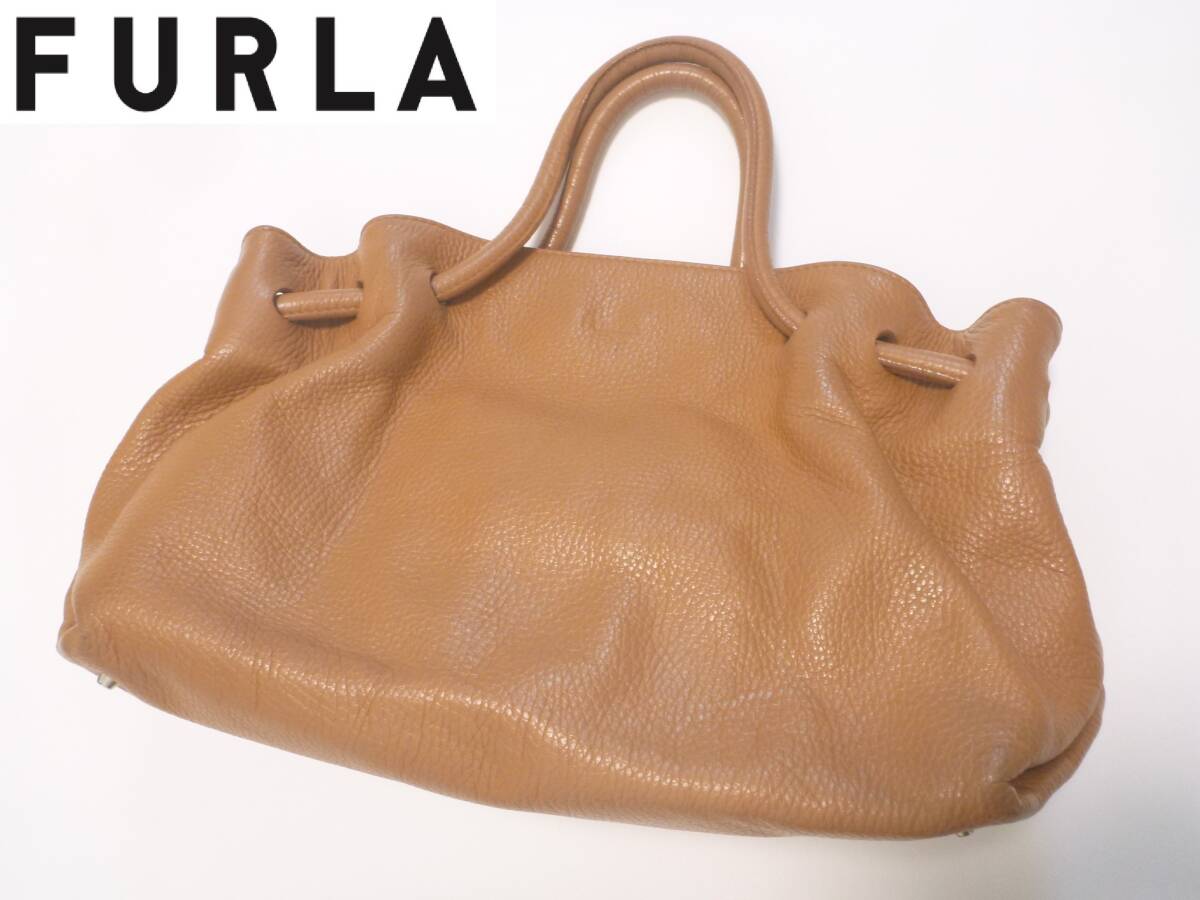 美品 FURLA フルラ ★ ライトブラウン キャメル 羊革 ラムレザー バッグ ハンドバッグ拍卖