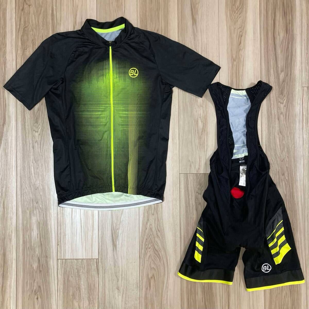 送料230★美品 正規 Bicycle Line メンズ M 半袖ジャージ & 3Dパッド付ビブパンツ 上下セット 良質品 ルーマニア製 まとめ n506 黒×黄緑系拍卖