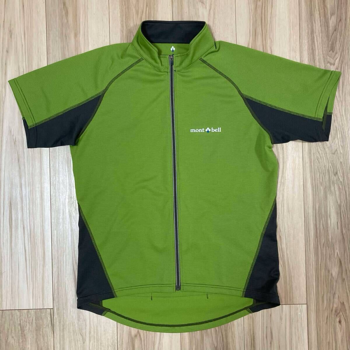 送料230★美品 モンベル M メンズ 半袖 サイクルジャージ 多生地 吸水拡散性 消臭機能 mont-bell ロゴ 3+1ポケット 良質品 n530 グリーン系拍卖