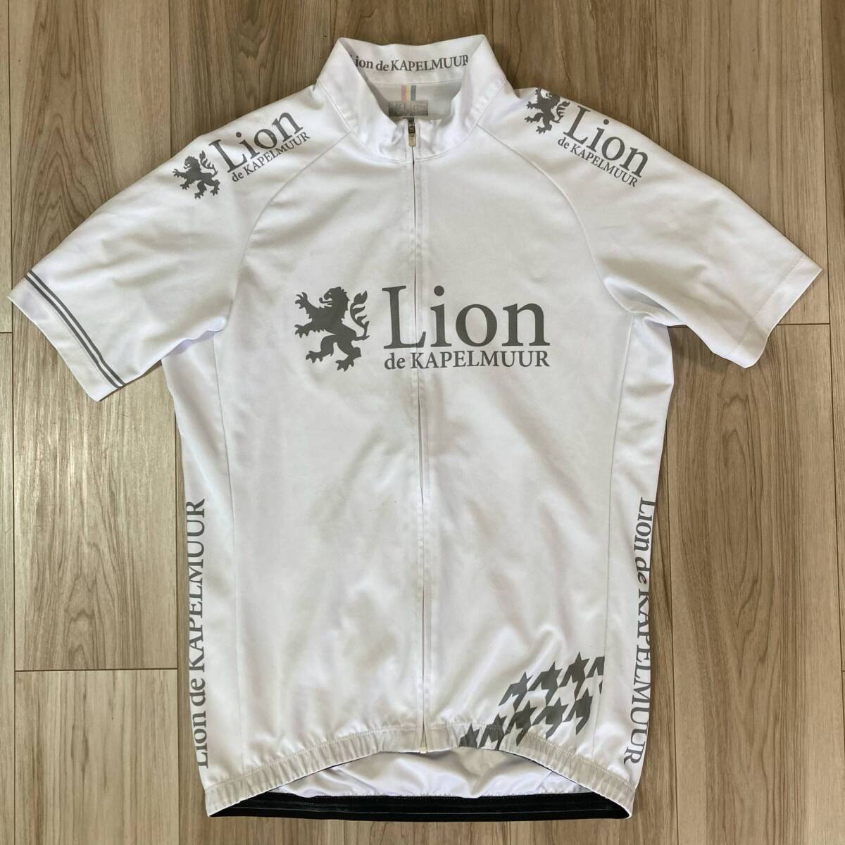 送料230★正規 カペルミュール L メンズ 半袖サイクルジャージ Lion de KAPELMUUR チェッカーデザイン 速乾 3ポケット 良質品n565 ホワイト拍卖