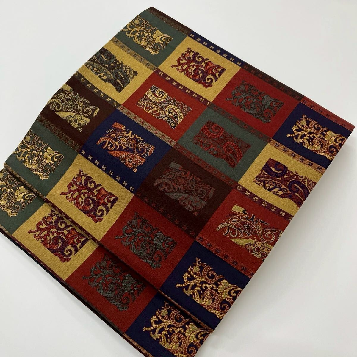 洒落袋帯 市松の織出し 更紗の織出し 正絹 W-1751拍卖