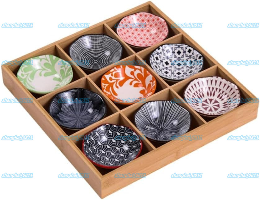 豆皿 豆皿ギフト 小皿 食器 果物 ケース 陶器 食器 寿司皿 セット仕切りトレー 竹製トレイ付 火鍋 焼肉屋 寿司屋 8枚セット (木箱入り) 拍卖