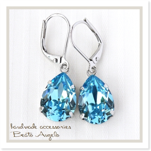 ■+angelo+スワロフスキー 4320のピアス(p-027)アクアマリン S 夏 ドロップ 一粒 フレンチフック ライトブルー拍卖