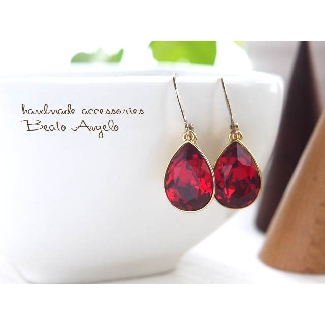 ◇◇+angelo+スワロフスキー 4320のピアス(p-128)スカーレット G 一粒 ドロップ レッド デザイン石座拍卖