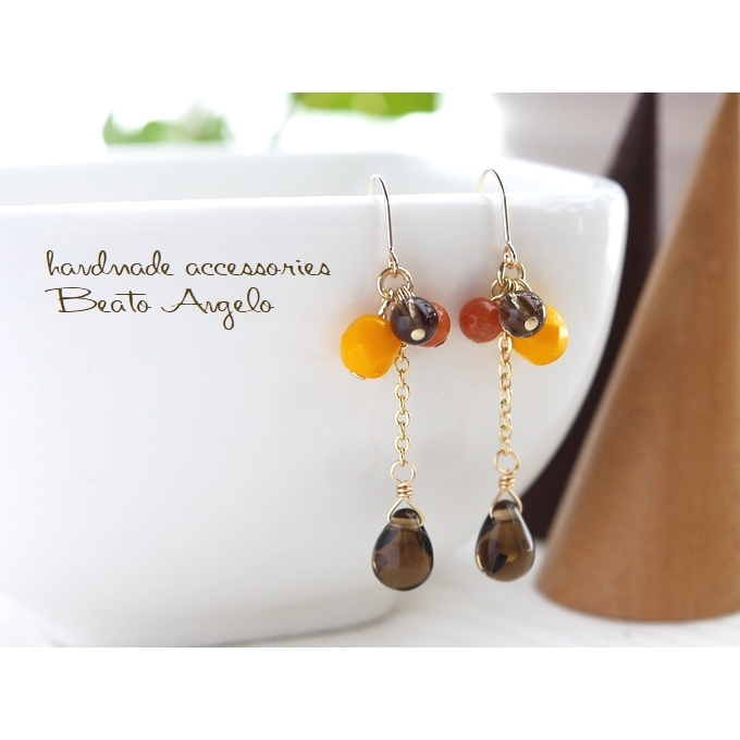 ◇◇+angelo+チェコドロップとレッドアベンチュリンのピアス(p-534)スモーキートパーズ G 天然石 d003 ブラウン チタン樹脂イヤリング可拍卖