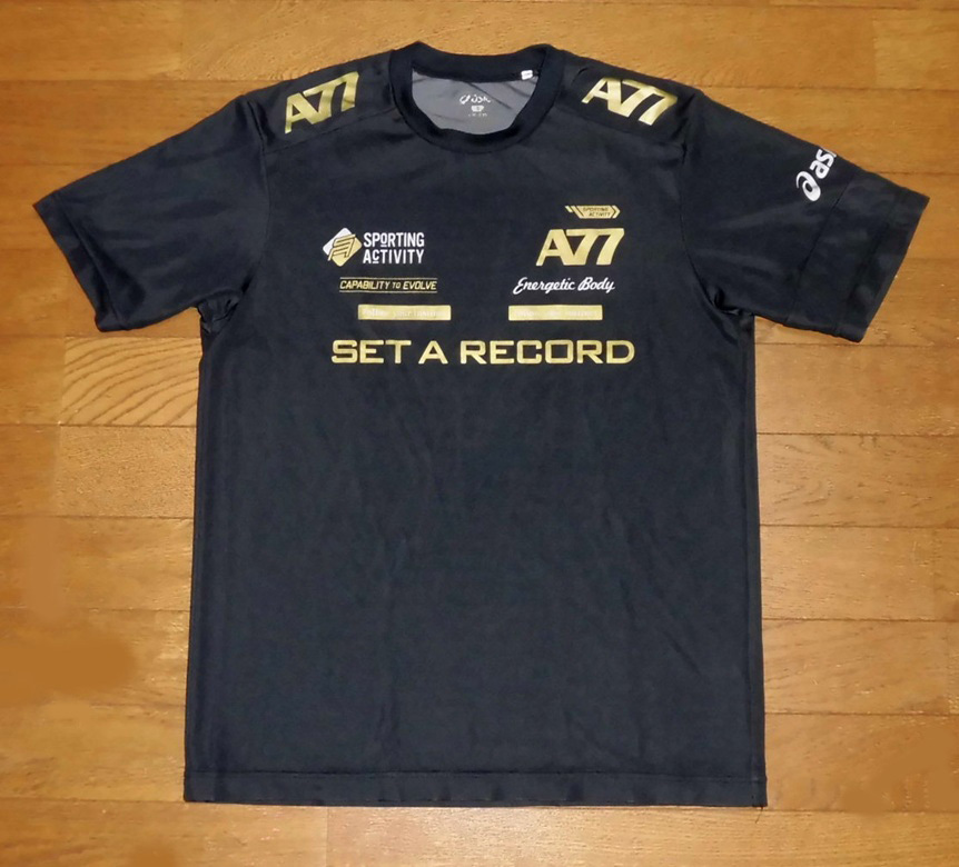 asics アシックス A77 Tシャツ 半袖 吸汗速乾 ドライ プラシャツ トレーニングシャツ BLK S USED 良品/ランニング ジョギング マラソン拍卖