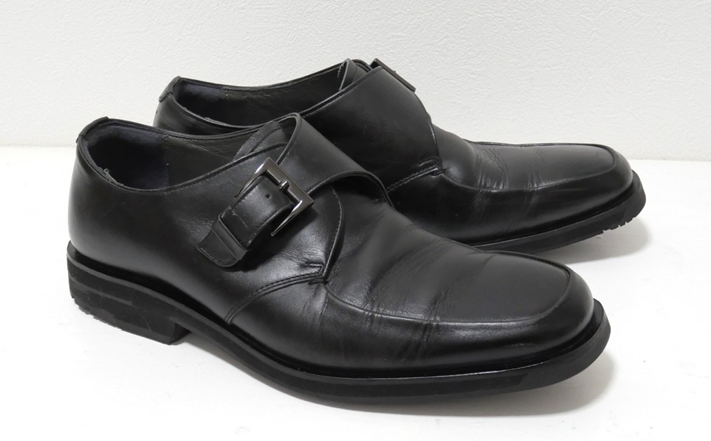 asics RUNWALK WAH606 モンクストラップ レザーシューズ 黒 241/2 EEE ビジネスシューズ アシックス ランウォーク拍卖