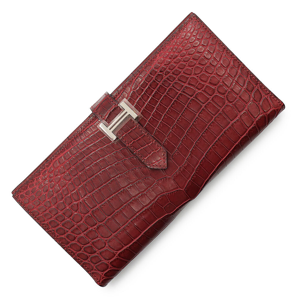 (未使用保管品)エルメス HERMES ベアン スフレ 二つ折り長財布 クロコダイル エキゾチックレザー ルージュアッシュ レッド 赤 □L刻印拍卖