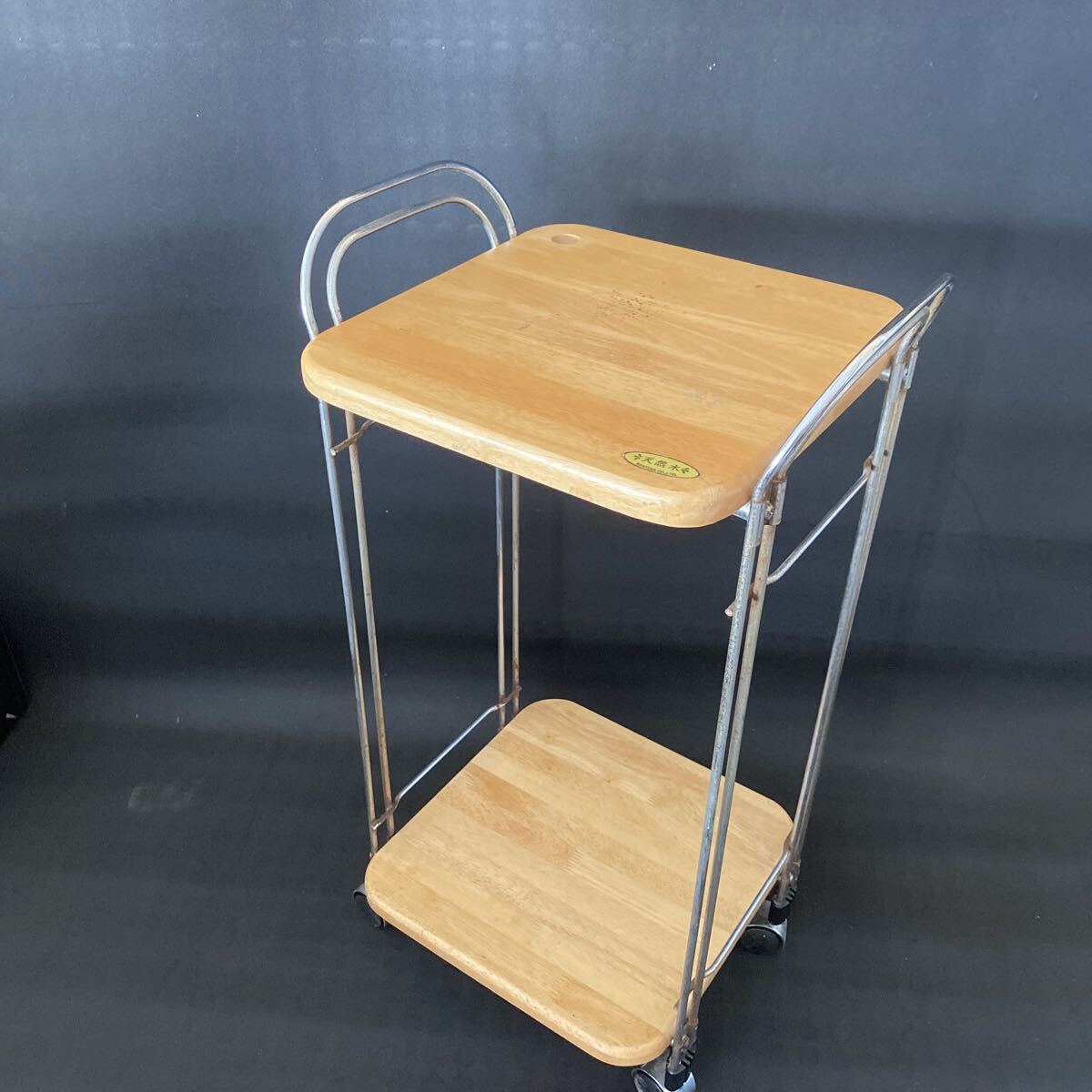 T3469 昭和レトロ 木板キッチンラック 2段 飾り棚 花台 電話台 インテリア ワゴン 台車 LW-18MC 三富工業拍卖