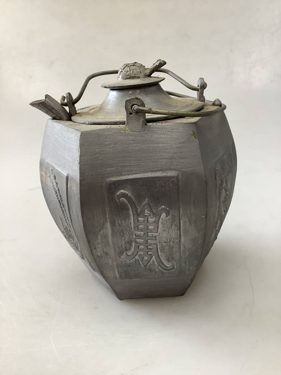 T0009 酒器 錫製 六角 酒燗器 ちろり 亀摘蓋 中国 アンティーク拍卖