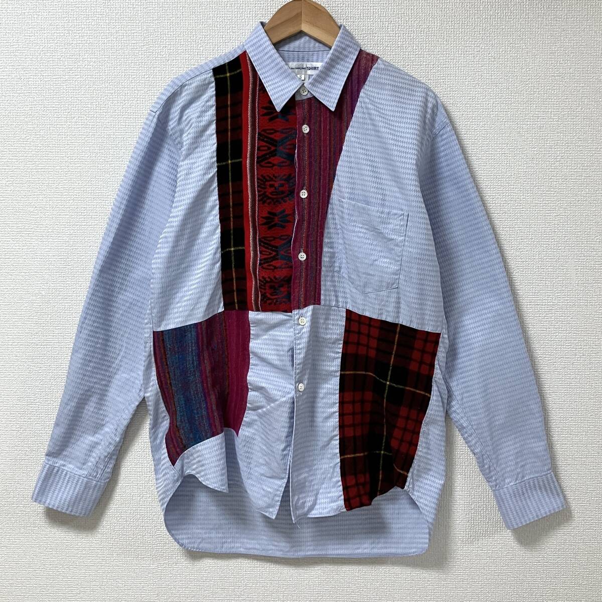 2006AW COMME des GARCONS SHIRT ウール ネイティブ柄 チェック ドッキング 長袖 シャツ Sサイズ コムデギャルソンシャツ archive 5050417拍卖