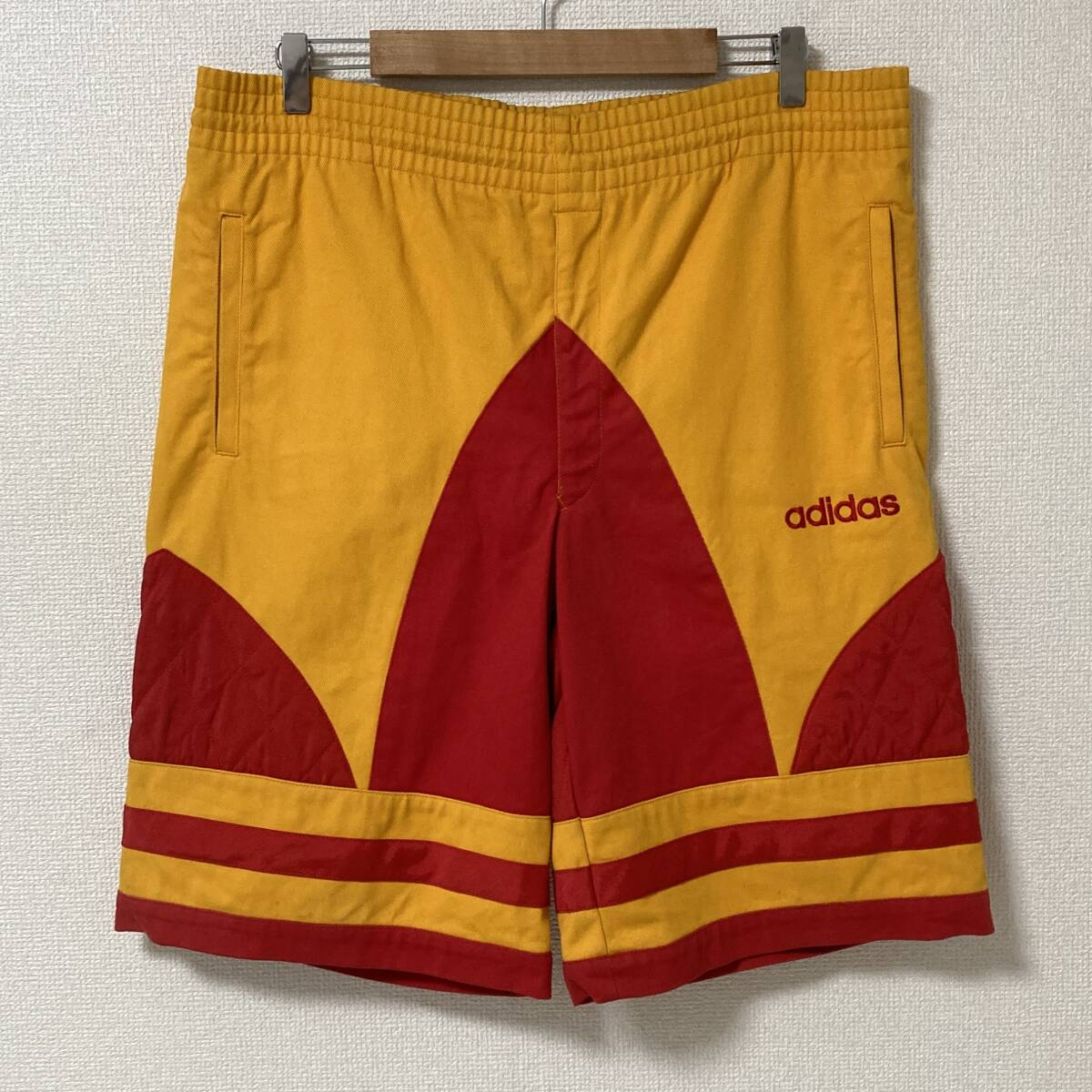 90s 00s adidas デサント ビッグ トレフォイル ショートパンツ 赤黄 Lサイズ アディダス ショーツ ハーフ VINTAGE 5060452拍卖