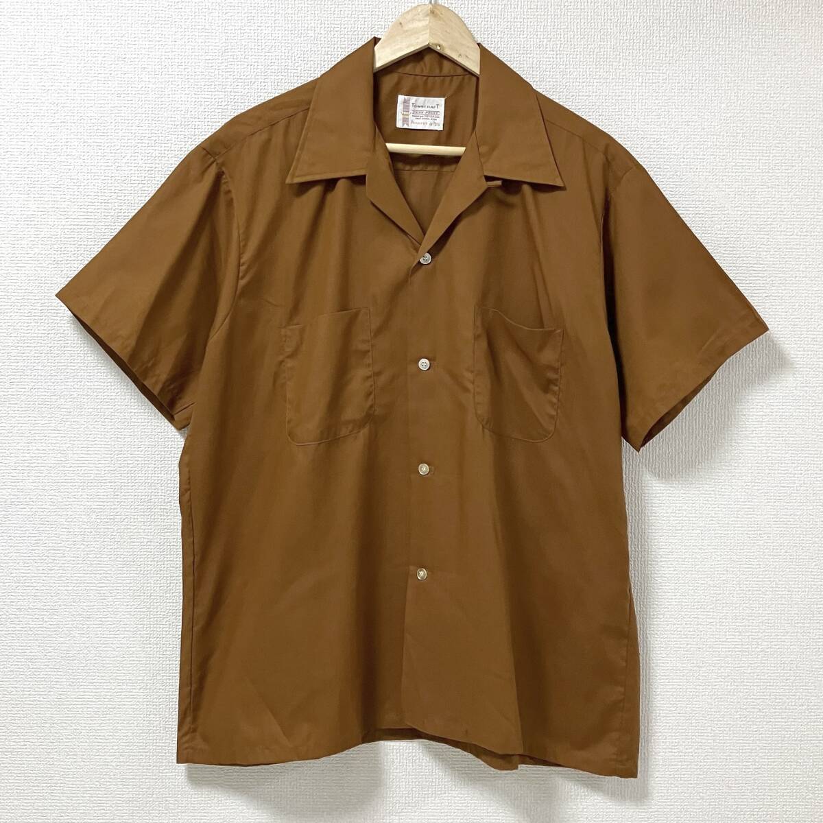 50s 60s TOWNCRAFT 半袖 オープンカラー シャツ 混紡 無地 ブラウン Lサイズ タウンクラフト Penneys 開襟 ビンテージ 5070199拍卖