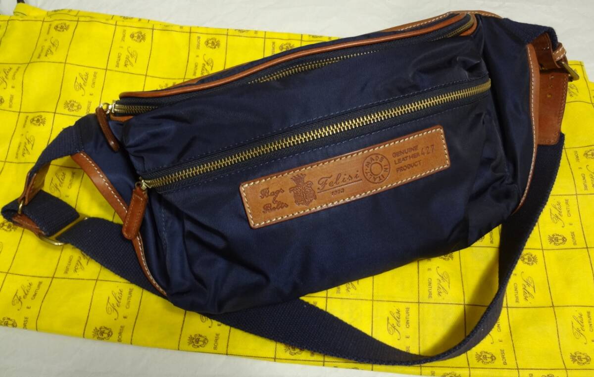 【美品 人気】 Felisi フェリージ 427 ウエストバッグ ボディバッグ ショルダーバッグ 斜め掛け ナイロン×レザー ネイビー 紺色拍卖