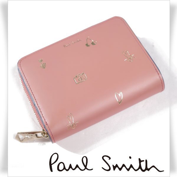 未使用1円~★ポールスミス Paul Smith 牛革 本革レザー ラウンドファスナー財布 ピンク ミックスドゥードゥル ウォレット ◆1255◆拍卖