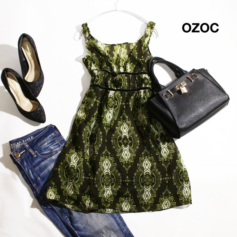 美品 ozoc オゾック 株) ワールド 夏 エスニック 柄 プリント チュニック ミニワンピース 9号 38 ダークブラウン グリーン カットソー 白拍卖