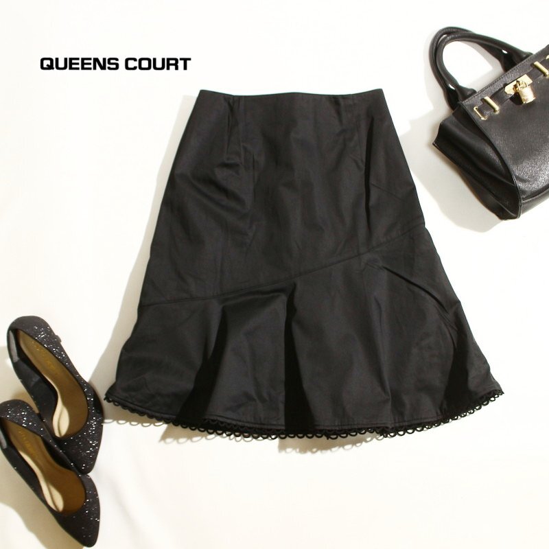 美品 クイーンズコート QUEENS COURT 春 夏 ほんのり艶 ハリ ストレッチ 上品 フレアスカート 1 ブラック 黒 コンサバ お嬢様 オフィス拍卖