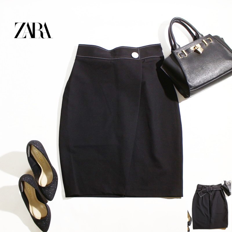 美品 ZARA BASIC ザラ ベーシック 通年 前後で結べる ベルト一体 リボン ステッチ ジャージ― タイトスカート M ブラック ハリ ストレッチ拍卖