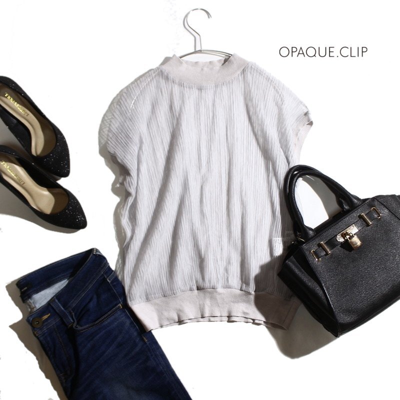 美品 オペ―ク ドットクリップ OPAQUE.CLIP 株) ワールド 夏 透け オーガンジー シースルー フレンチスリーブ 半袖 カットソー M グレー拍卖