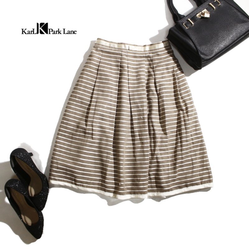 美品 KarLParkLane カールパークレーン 艶 刺繍 ボーダー 柄 タック フレアスカート 9号 グレージュ オフィス 通勤 綺麗め 可愛い拍卖
