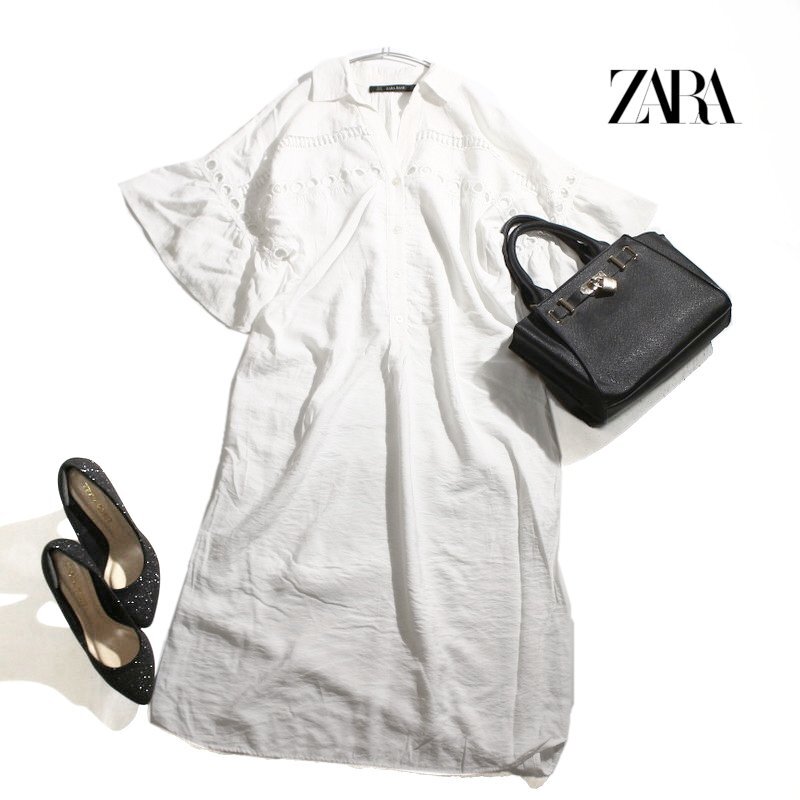 美品 ZARA ザラ 夏 涼し気 オーガンジー 刺繍 エンブロイダリーレース 半袖 シャツワンピース マキシワンピース ロングワンピース 白 M拍卖