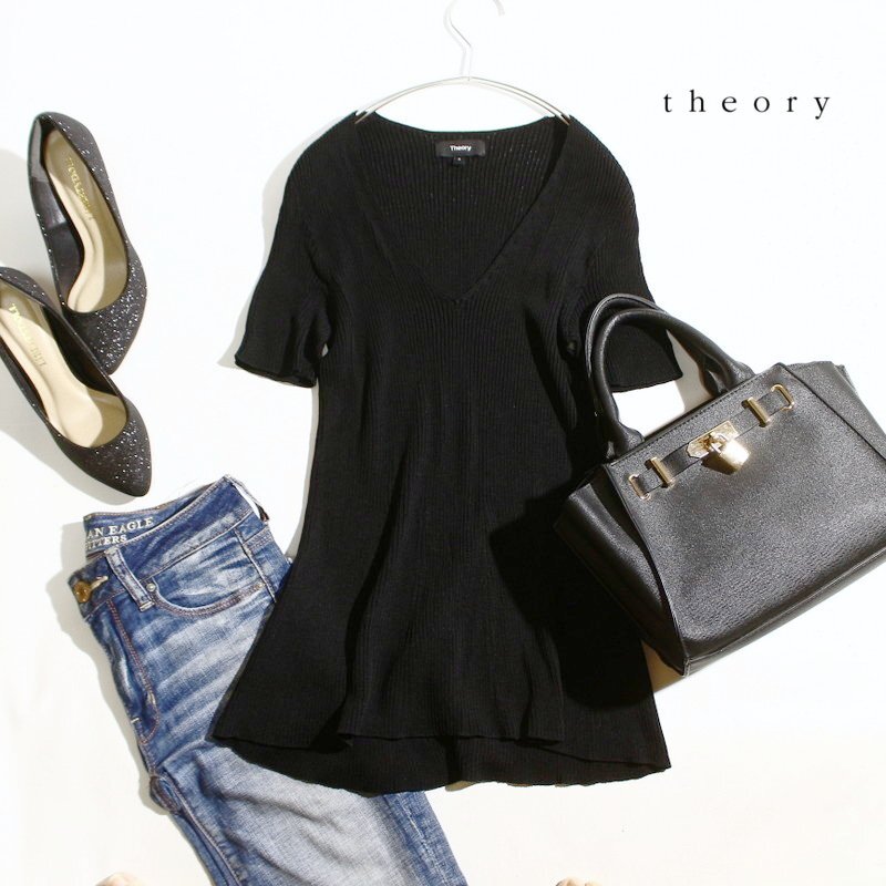 美品 セオリー Theory リンクセオリージャパン 夏 さらり レーヨン ナイロン リブ 半袖 サマーニットカットソー タイト S ブラック 黒 爽快拍卖