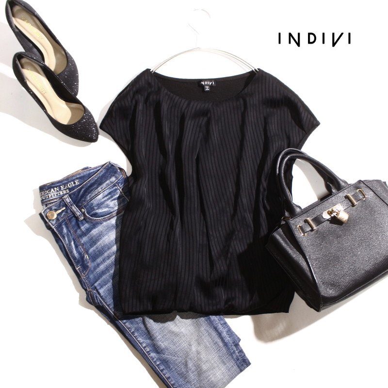 インディヴィ INDIVI 株) ワールド 夏 シャドーストライプ 柄 シフォン × サマーニット 半袖 カットソー ブラウス 9号 38 ブラック 黒拍卖