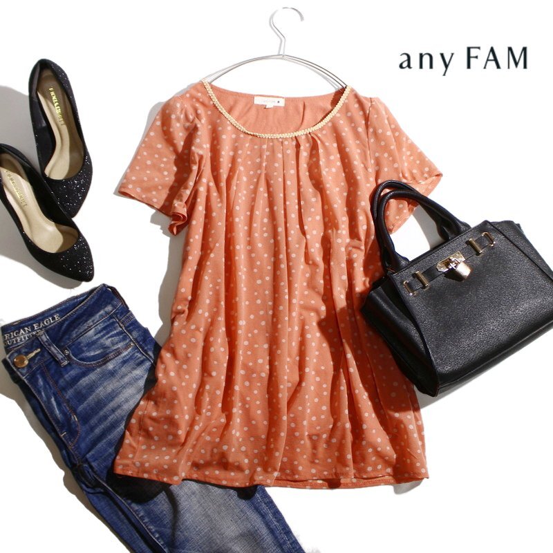 美品 エニィファム any FAM 組曲 株)オンワード樫山 夏 ジャージ― ドット 柄 プリント レース ギャザー 半袖 カットソー オレンジ 3 白 L拍卖