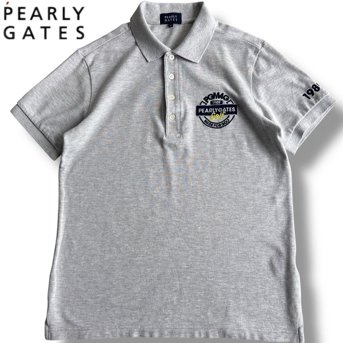 美品■PEARLY GATES パーリーゲイツ【M】半袖 ポロシャツ ゴルフウェア 鹿の子 日本製 刺繍ロゴ グレー ストレッチ メンズ GOLF拍卖