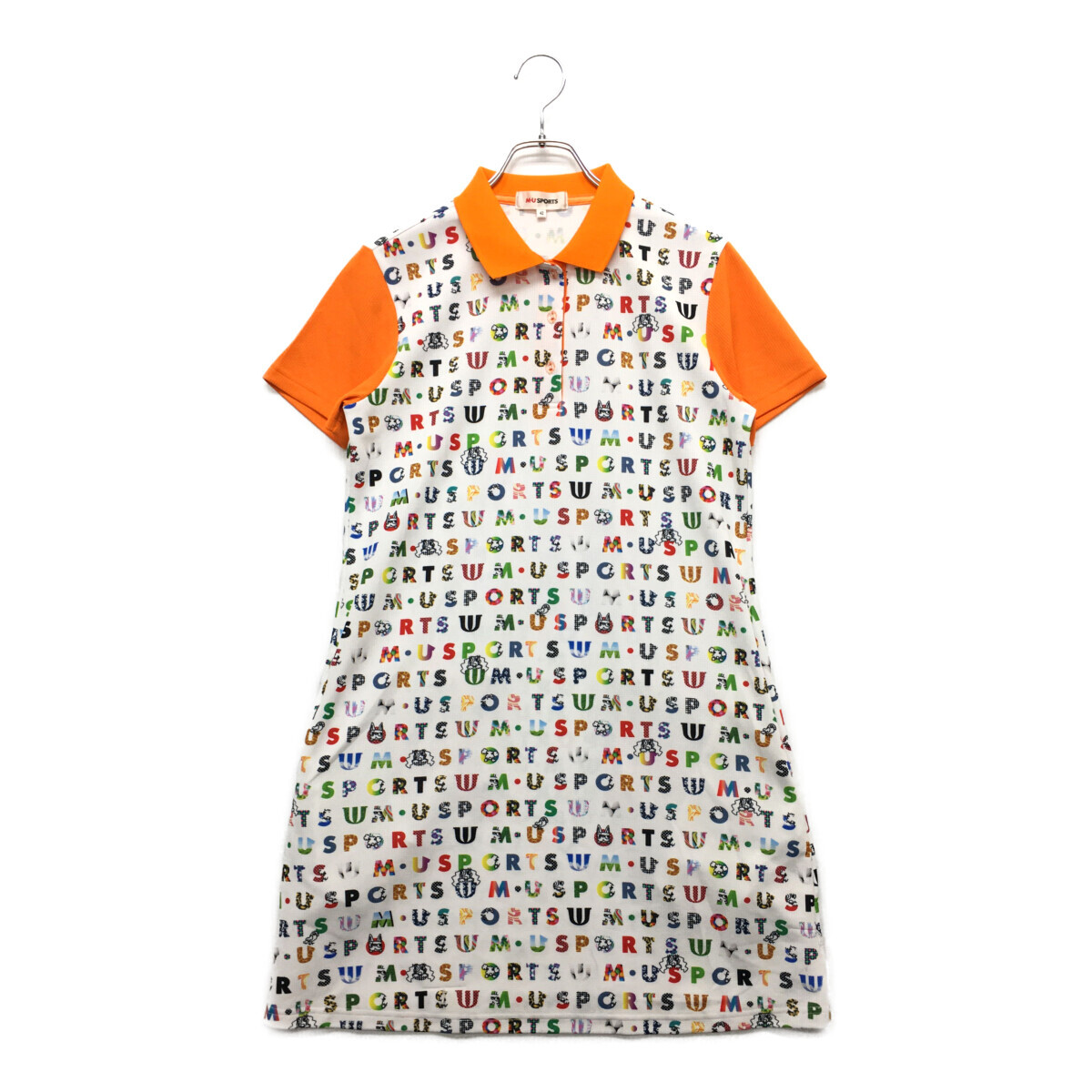 coco 中古【SALE】 ミエコウエサコ レディース 42(L) 白×オレンジ 半袖ポロワンピース ロゴ総柄 レターパックプラス発送可 91892拍卖