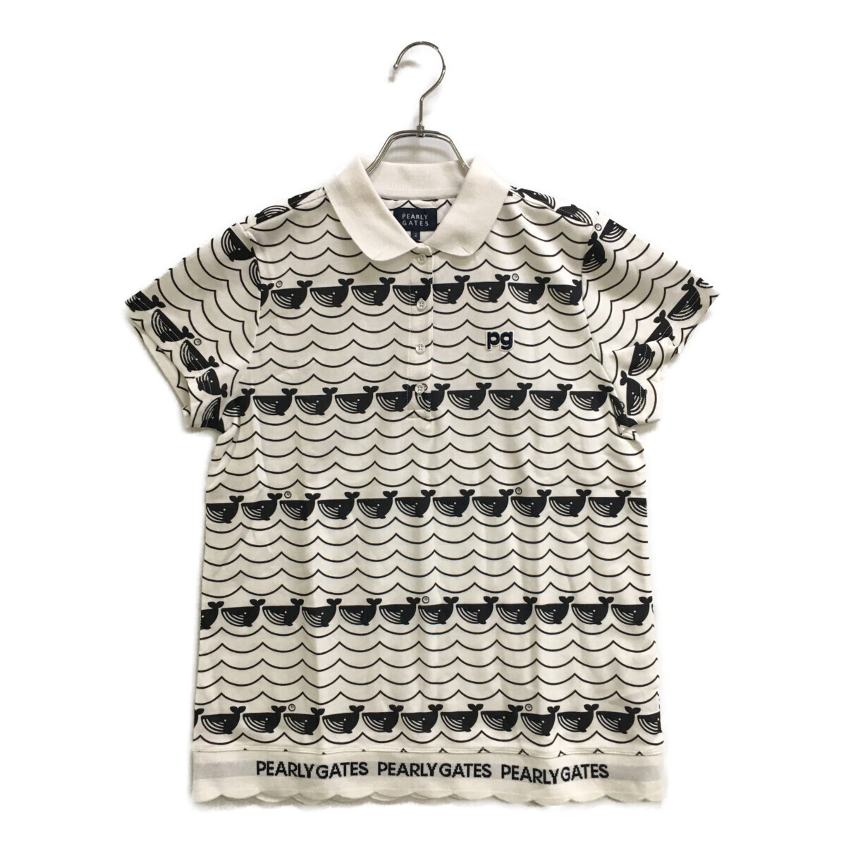 coco 中古【SALE】 パーリーゲイツ PEARLY GATES レディース 半袖ポロシャツ 2(L) 白×濃紺 クジラ柄 レターパックプラス発送可 92743拍卖