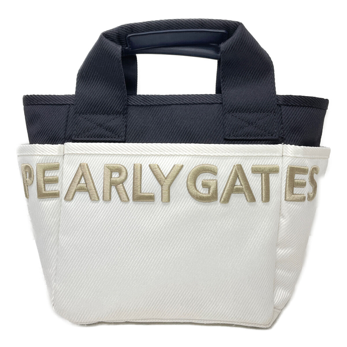 coco 中古 パーリーゲイツ PEARLY GATES カートバッグ 白×紺 ホワイト×ネイビー ツートンカラー ロゴ刺しゅう ラウンドバッグ K019628拍卖