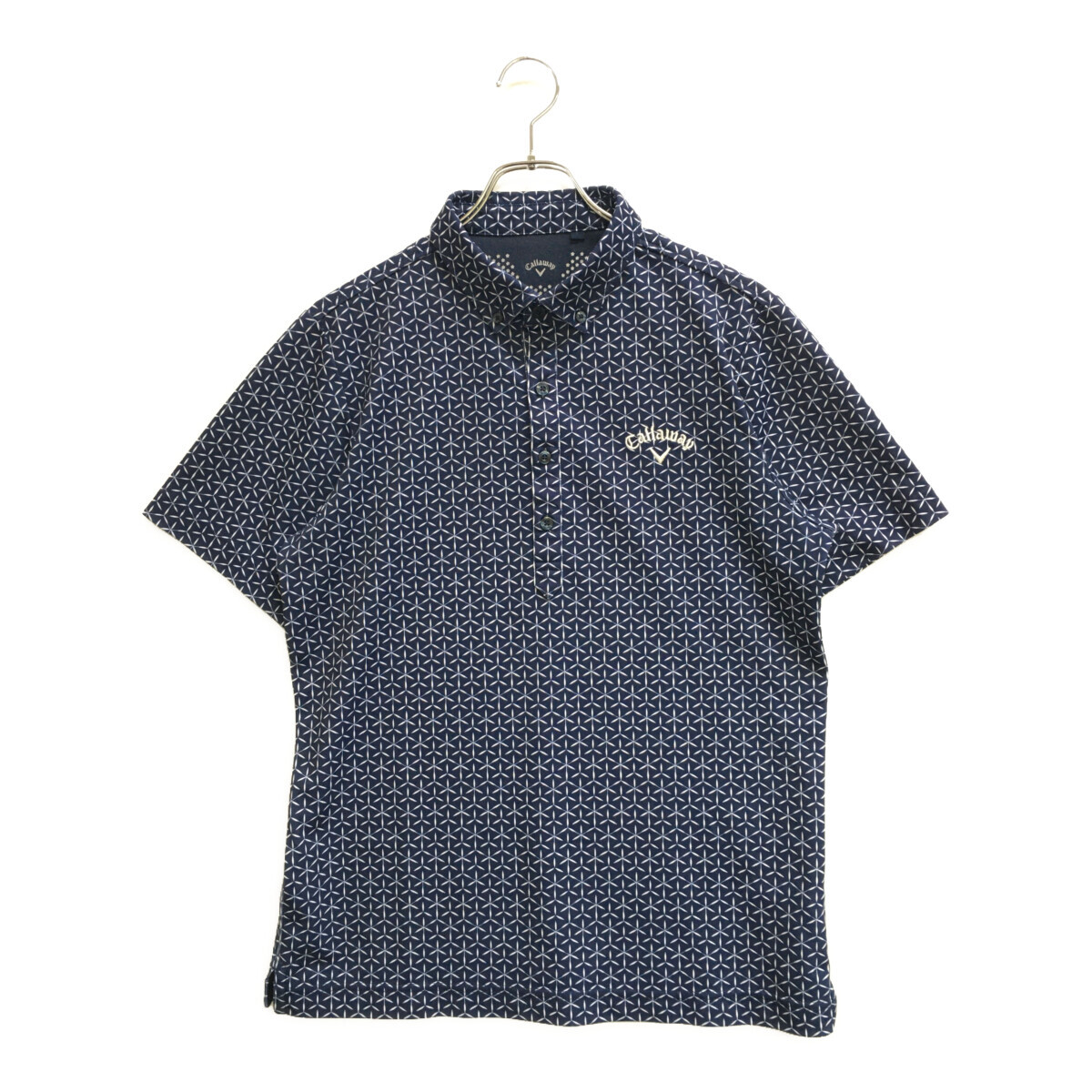 coco 中古【値下げ】 キャロウェイ Callaway メンズ 半袖ポロシャツ L 紺×白 ブルー 幾何学模様 総柄 レターパックプラス発送可 89060拍卖