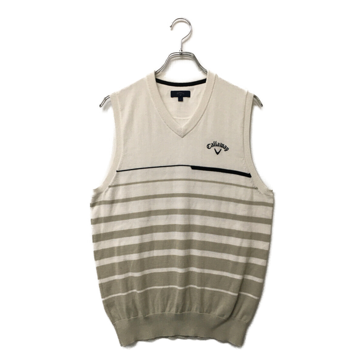 coco 中古【値下げ】 キャロウェイ Callaway メンズ ベスト L 白×グレージュ Vネックニット ボーダー レターパックプラス発送可 86856拍卖